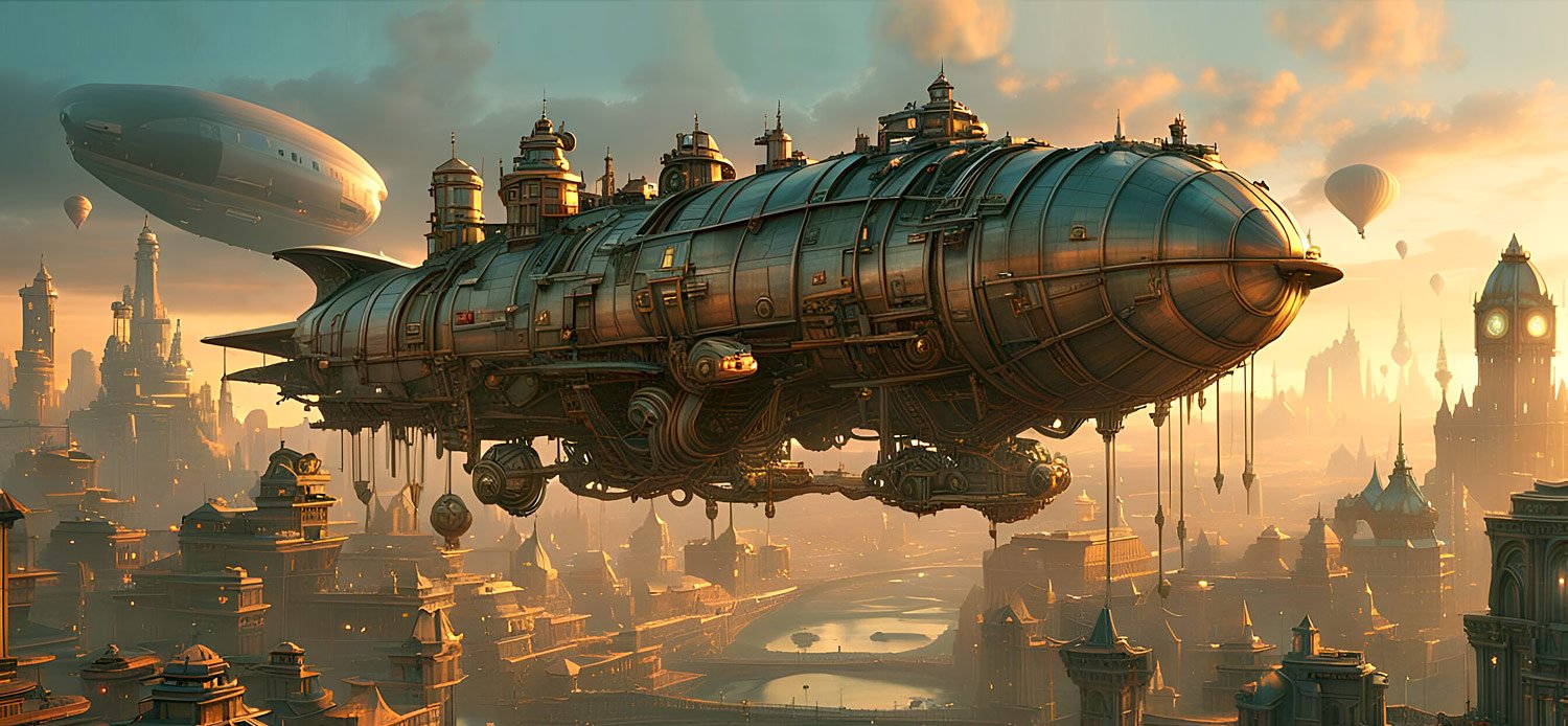 Steampunk blimp over a steampunk city