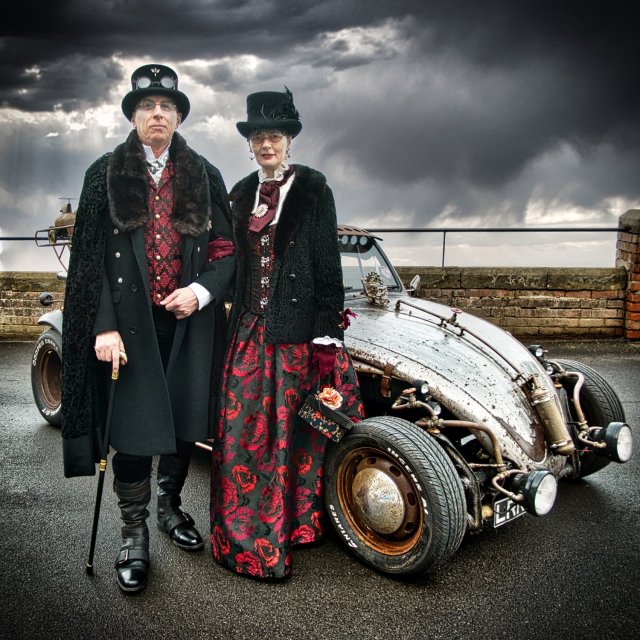 Your hosts, Roy and Diane, sporting the 'steamgoth' look at Whitby Steampunk Weekend in February 2024.